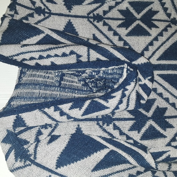 Boho Chic Tribal print Hooded Sweater Duster length blue white - Picture 11 of 11